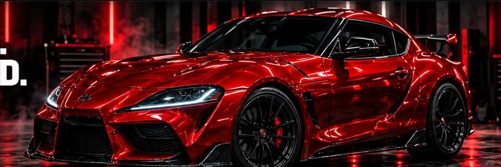 Illustrative crimson sports coupe in a dramatic automotive studio, not customer project photography